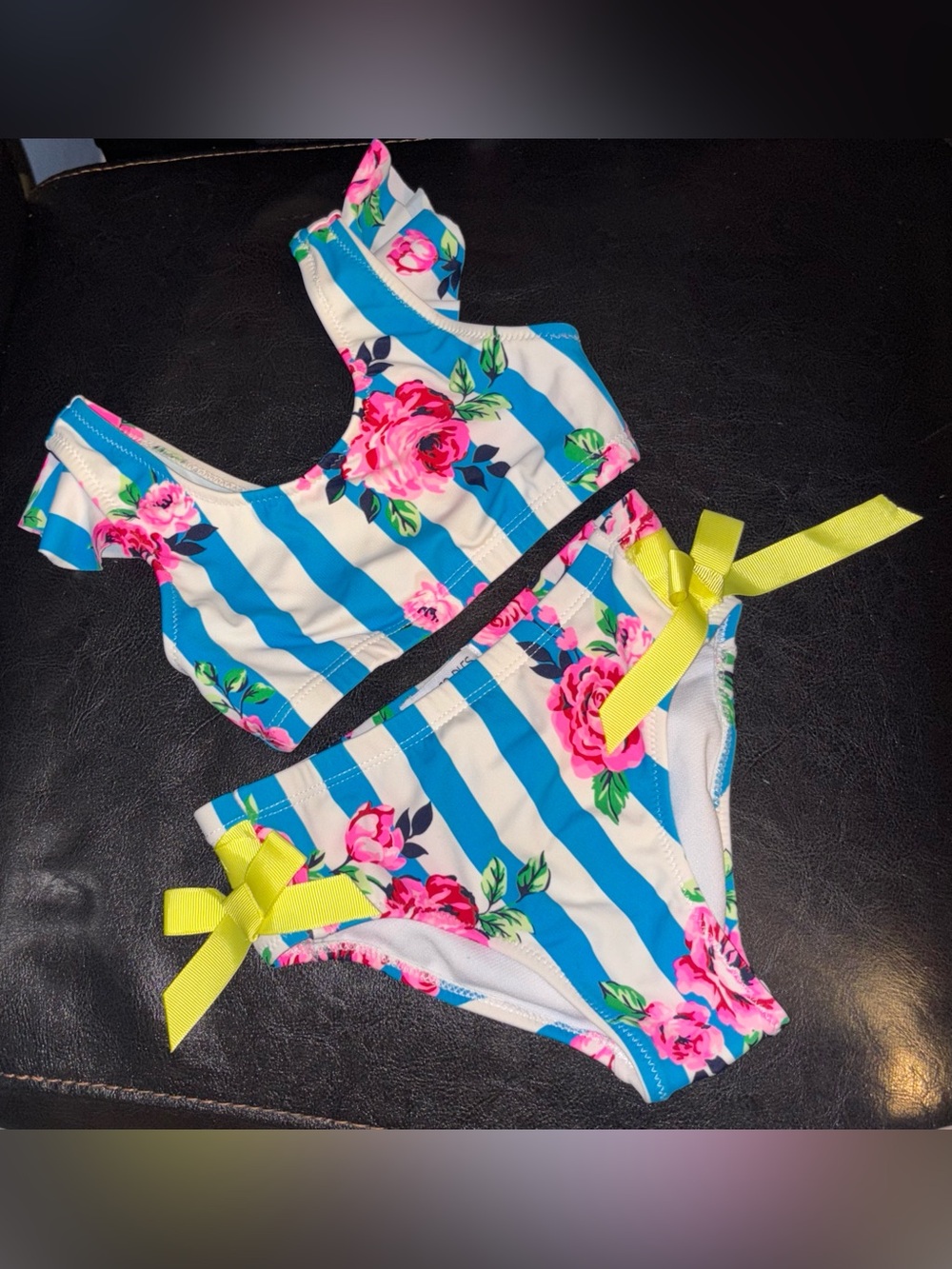 Flapdoodles Blue & White Stripe Floral Bikini with Neon Yellow Bows 3t swimsuit